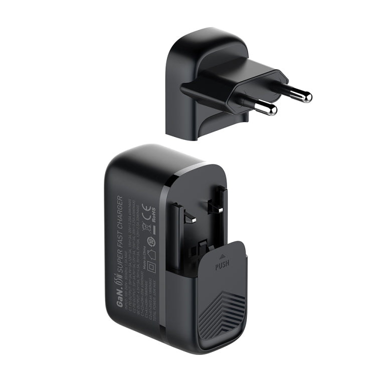 LDNIO Q366 65W USB + Dual Type-C Port Charger with 1m USB-C / Type-C to USB-C / Type-C Data Cable, Plug Type:EU Plug(Black)