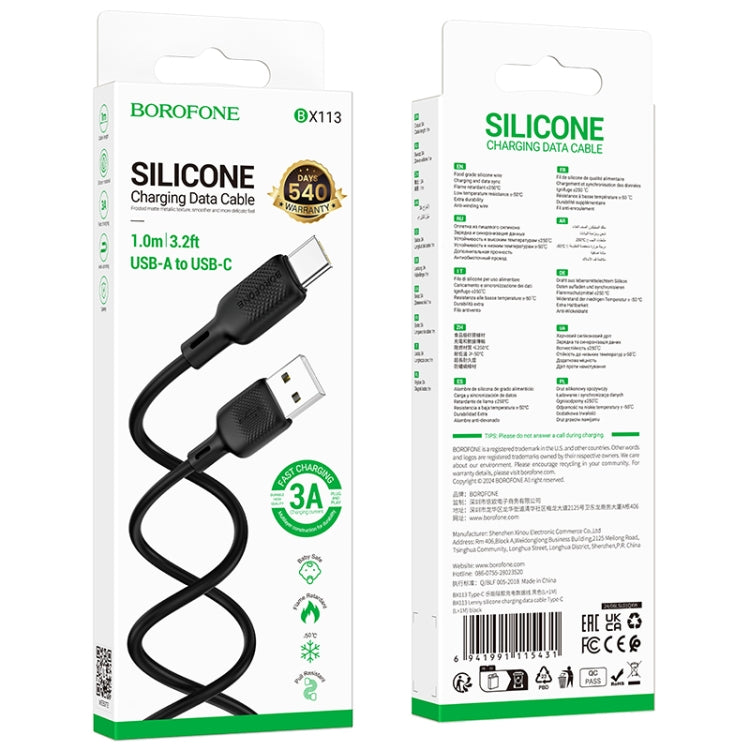 BOROFONE BX113 3A USB to USB-C / Type-C Silicone Charging Data Cable, Length:1m(Black)