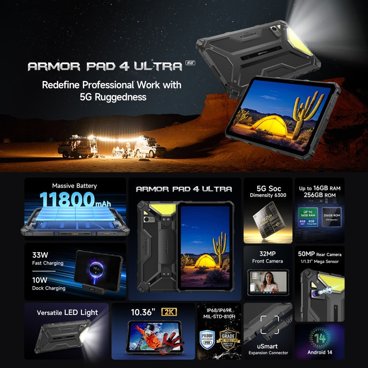 Ulefone Armor Pad 4 Ultra Rugged Tablet PC, 8GB+256GB, 10.36 inch Android 14 MediaTek Dimensity 6300 Octa Core 5G Network, EU Plug(Black)