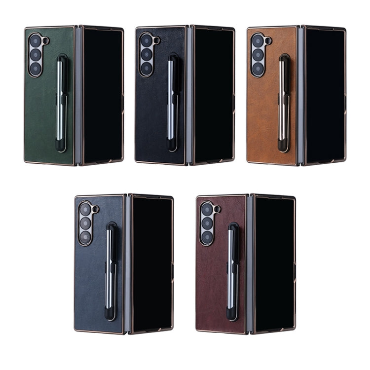 For Samsung Galaxy Z Fold6 Plating Frame PU Fold Phone Case with Pen(Green)