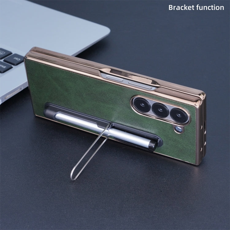 For Samsung Galaxy Z Fold6 Plating Frame PU Fold Phone Case with Pen(Green)