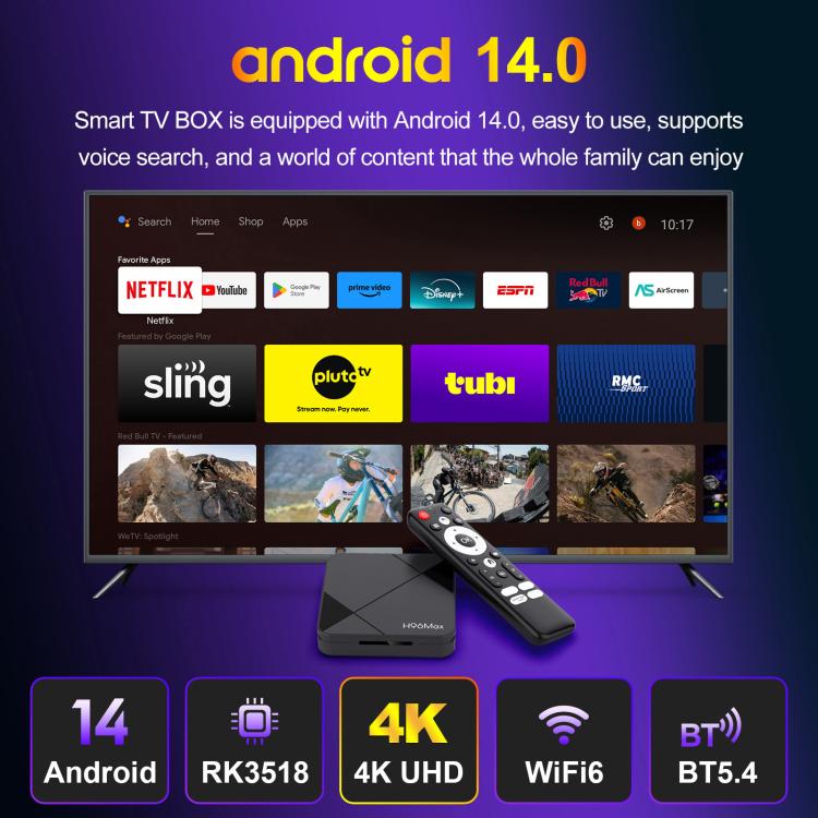 H96Max 4K UHD Android 14 Smart TV Box with Remote Control, RK3518 Quad-Core, 2GB+8GB, 2GB+16GB