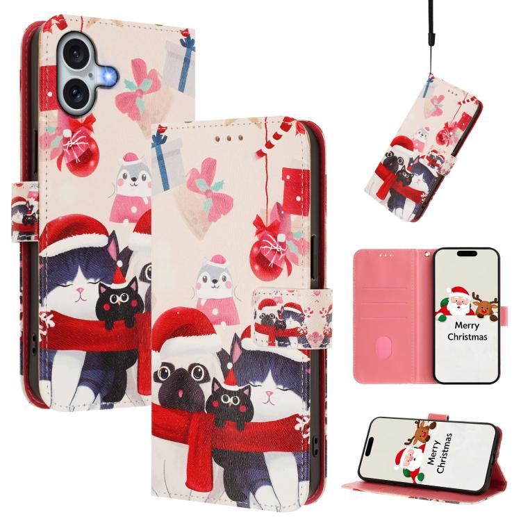 Christmas Series Buckle Leather Phone Case with Hand Strap, For iPhone 16e, For iPhone 16 Pro Max, For iPhone 16 Pro, For iPhone 16 Plus