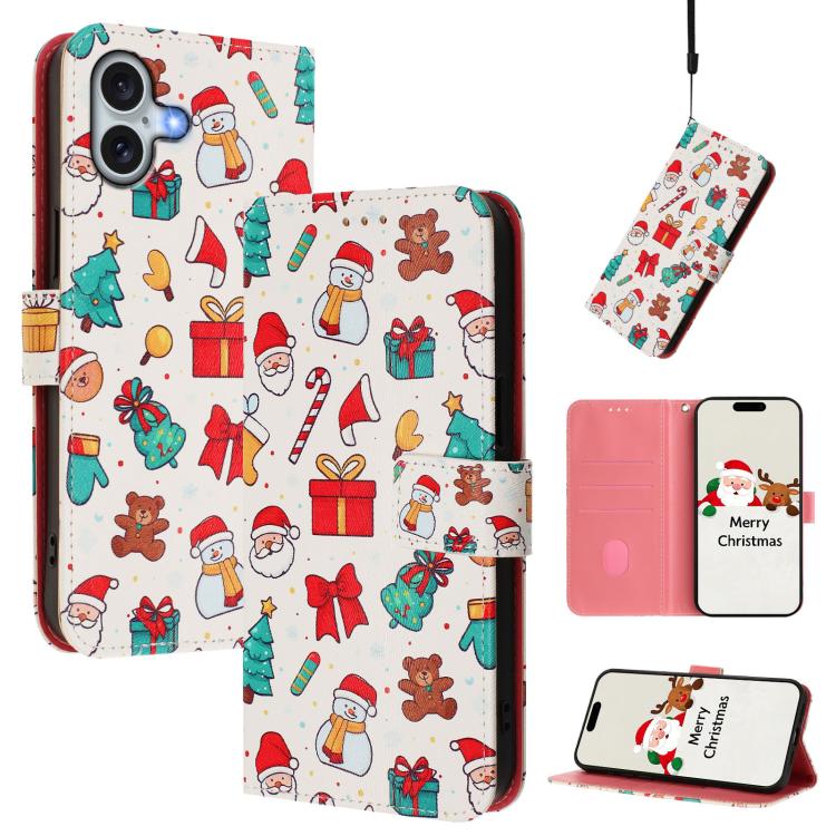 Christmas Series Buckle Leather Phone Case with Hand Strap, For iPhone 16e, For iPhone 16 Pro Max, For iPhone 16 Pro, For iPhone 16 Plus
