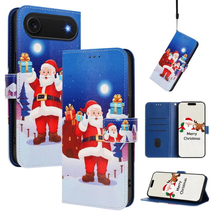 Christmas Series Buckle Leather Phone Case with Hand Strap, For iPhone 16e, For iPhone 16 Pro Max, For iPhone 16 Pro, For iPhone 16 Plus