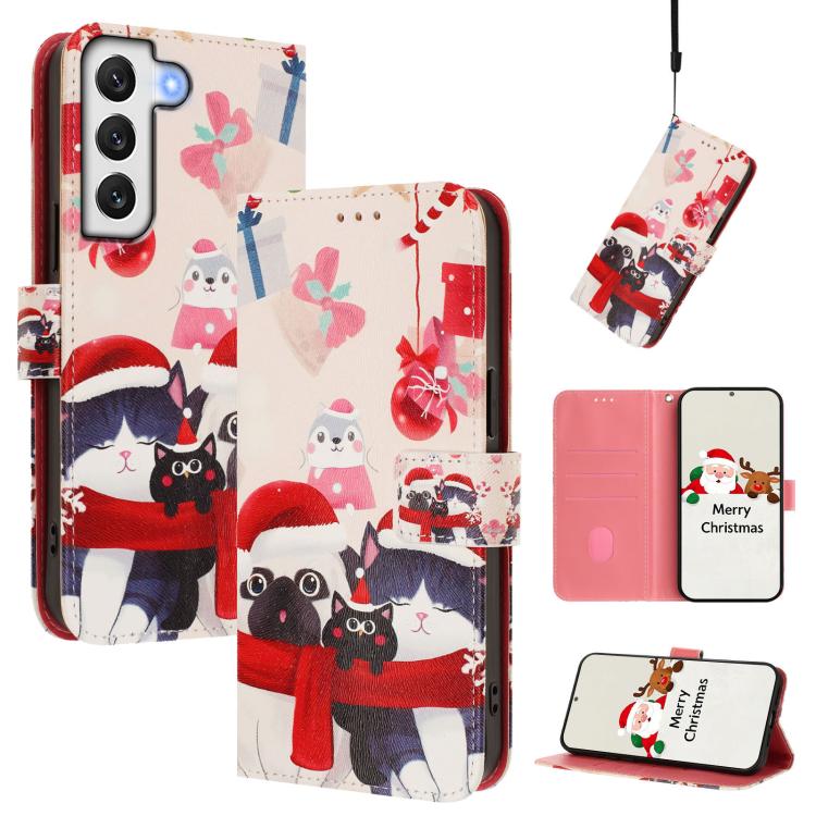 Christmas Series Buckle Leather Phone Case with Hand Strap, For Samsung Galaxy S22 5G