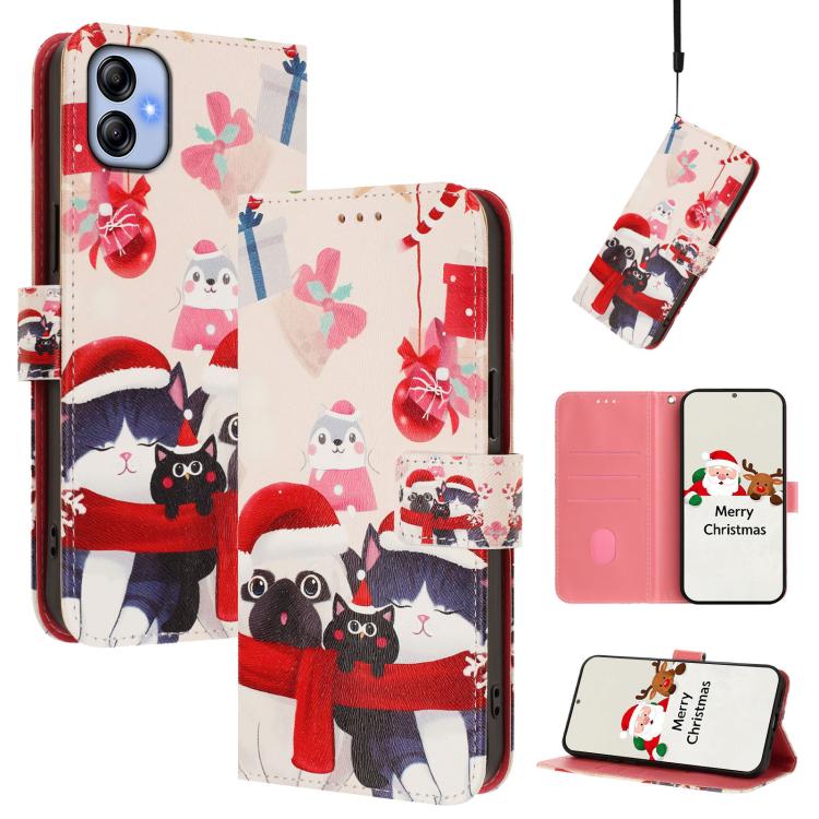 Christmas Series Buckle Leather Phone Case with Hand Strap, For Samsung Galaxy A24 4G, For Samsung Galaxy A23 5G / 4G / M23 / F23, For Samsung Galaxy A04e / F04 / M04 4G, For Samsung Galaxy A14 5G / 4G
