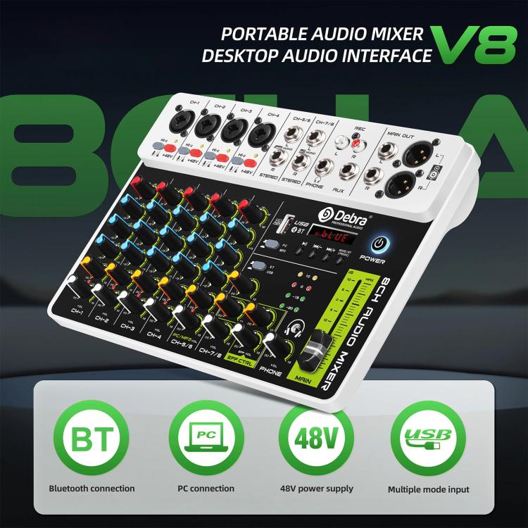 DEBRA V8 8-Channels Audio Mixer Live Recording Reverb, V8, 8V4
