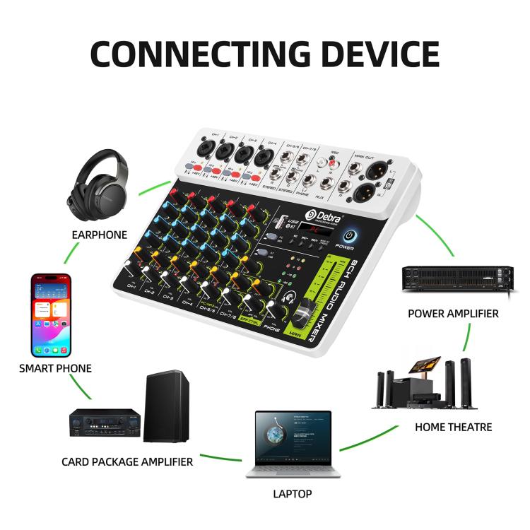 DEBRA V8 8-Channels Audio Mixer Live Recording Reverb, V8, 8V4