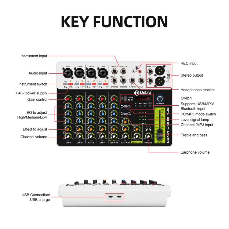 DEBRA V8 8-Channels Audio Mixer Live Recording Reverb, V8, 8V4