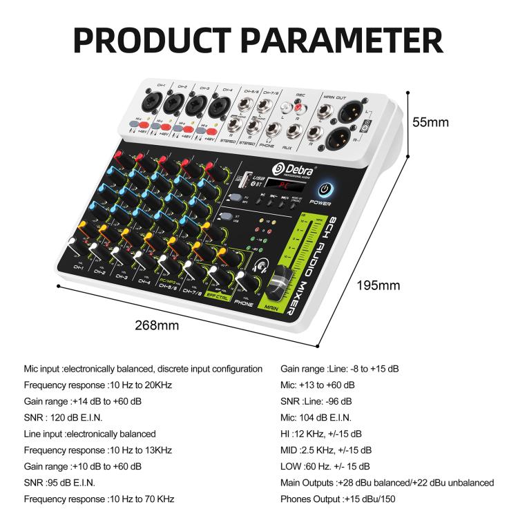 DEBRA V8 8-Channels Audio Mixer Live Recording Reverb, V8, 8V4