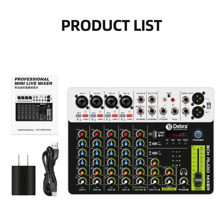 DEBRA V8 8-Channels Audio Mixer Live Recording Reverb, V8, 8V4