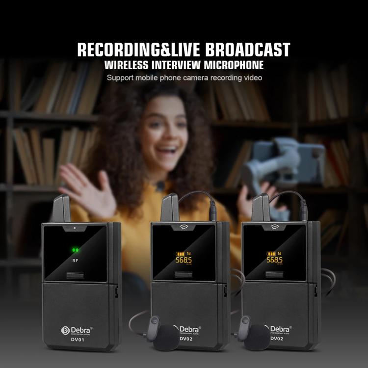 DEBRA DV-02 Wireless Lavalier Microphone TX & 2RX Outdoor Interview Live Broadcast, DV-02