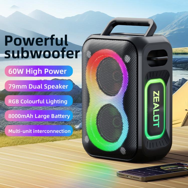 Zealot PT02 60W Portable Outdoor RGB Colorful Light Stereo Bluetooth Speaker, PT02