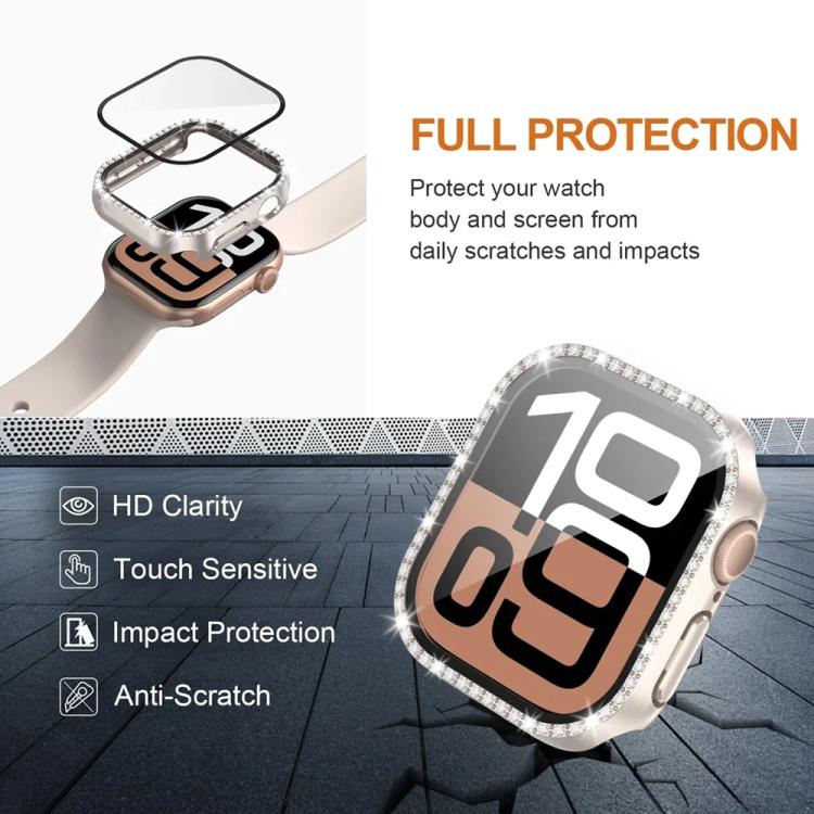 xDfind Single Row Diamond Tempered Glass Film Integrated PC Watch Case, For Apple Watch Series 11 46mm / 10 46mm, For Apple Watch Series 11 42mm / 10 42mm
