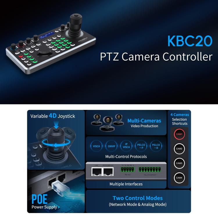 FEELWORLD KBC20 NDI PTZ Camera Controller Joystick Keyboard Control Multiple Control Protocol PoE Supported, EU Plug, US Plug, UK Plug, AU Plug