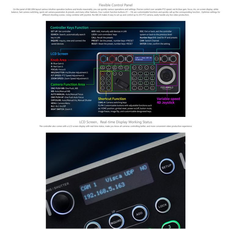 FEELWORLD KBC20N NDI PTZ Camera Controller Joystick Keyboard Control Multiple Control Protocol PoE Supported, EU Plug, US Plug, UK Plug, AU Plug