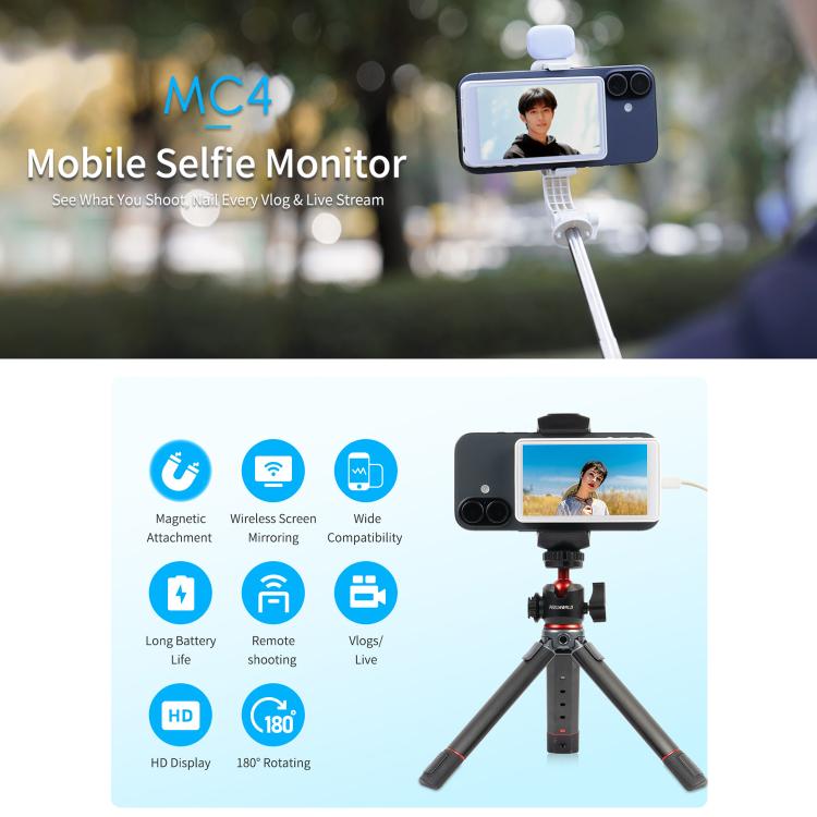 FEELWORLD MC4 Selfie Screen Monitor for Vlog Live Stream Magnetic Back Wireless Connection with Remote Control