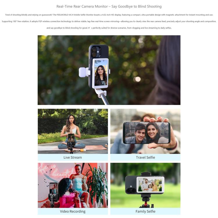 FEELWORLD MC4 Selfie Screen Monitor for Vlog Live Stream Magnetic Back Wireless Connection with Remote Control
