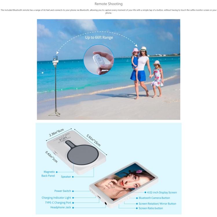 FEELWORLD MC4 Selfie Screen Monitor for Vlog Live Stream Magnetic Back Wireless Connection with Remote Control