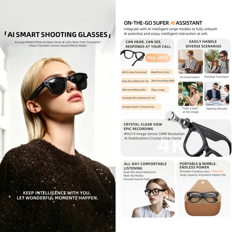 M02X Pro Max Smart AI Glasses with 8MP HD Camera, Video Recording WiFi Transmission Al Smart Voice Assistant, Sunglasses + Anti Blue Light Lens, Gradient Lenses