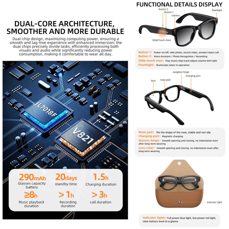 M02X Pro Max Smart AI Glasses with 8MP HD Camera, Video Recording WiFi Transmission Al Smart Voice Assistant, Sunglasses + Anti Blue Light Lens, Gradient Lenses