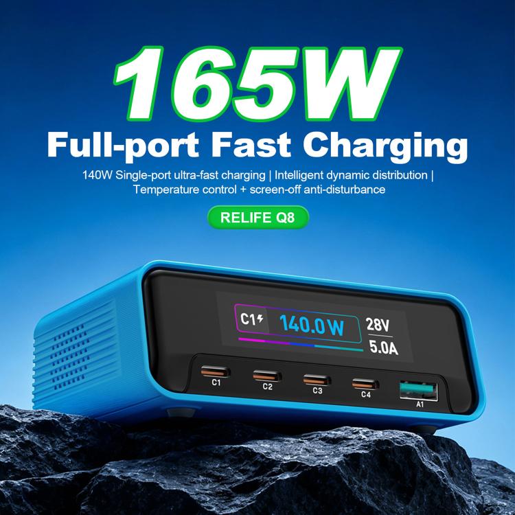 RELIFE Q8 165W GaN Intelligent Multi-Port Digital Display Charger, EU Plug, AU Plug, UK Plug, US Plug