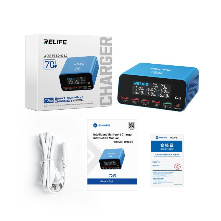 RELIFE Q6 70W Intelligent Multi-Port Digital Display Charger, EU Plug, AU Plug, UK Plug, US Plug