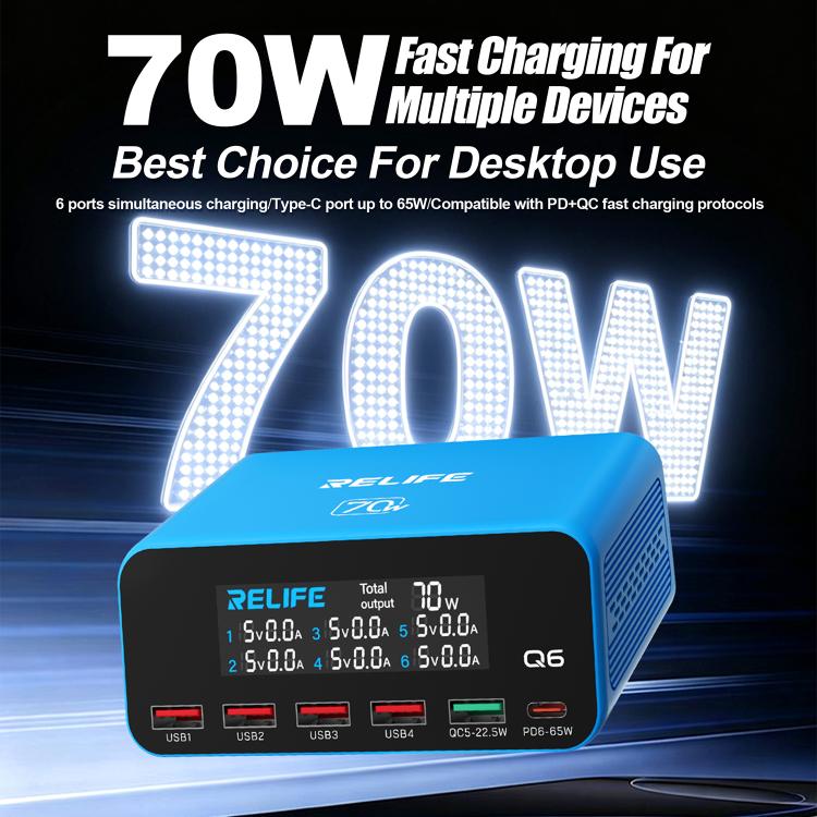 RELIFE Q6 70W Intelligent Multi-Port Digital Display Charger, EU Plug, AU Plug, UK Plug, US Plug