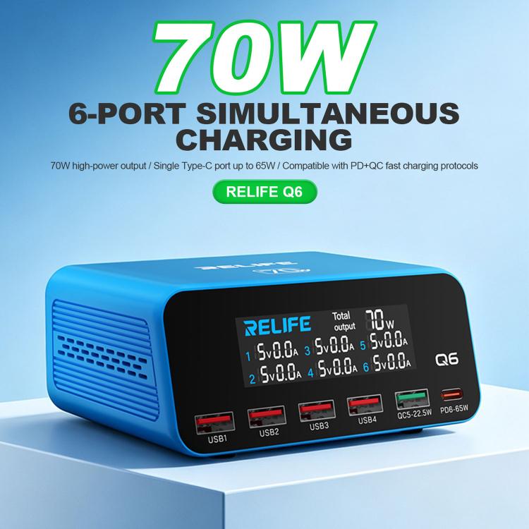 RELIFE Q6 70W Intelligent Multi-Port Digital Display Charger, EU Plug, AU Plug, UK Plug, US Plug