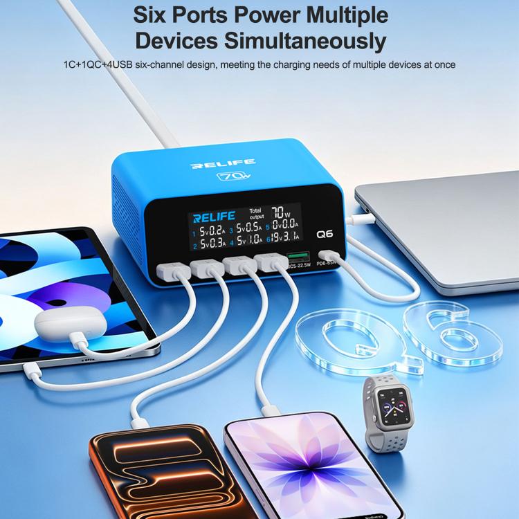 RELIFE Q6 70W Intelligent Multi-Port Digital Display Charger, EU Plug, AU Plug, UK Plug, US Plug