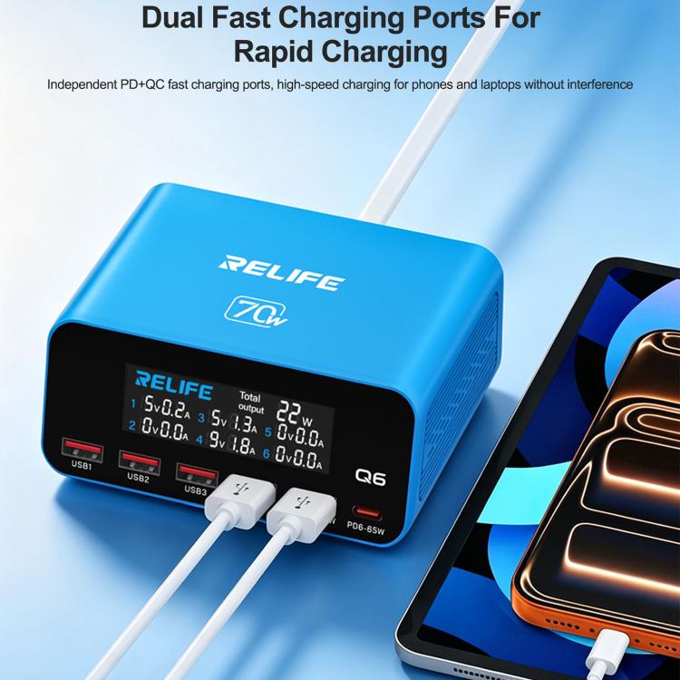 RELIFE Q6 70W Intelligent Multi-Port Digital Display Charger, EU Plug, AU Plug, UK Plug, US Plug
