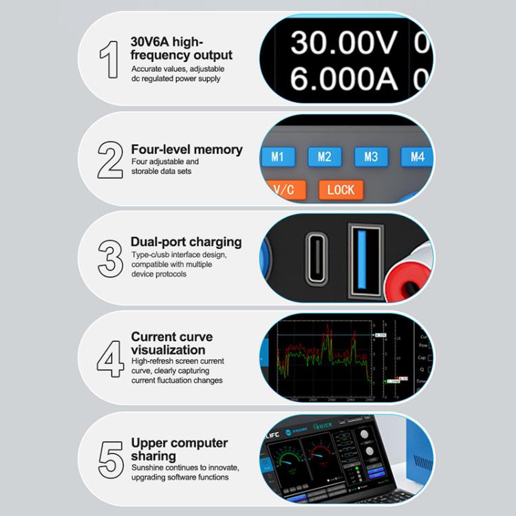 SUNSHINE P4 Pro 30V / 6A Smart DC Regulated Power Supply, AU Plug, EU Plug, UK Plug, US Plug