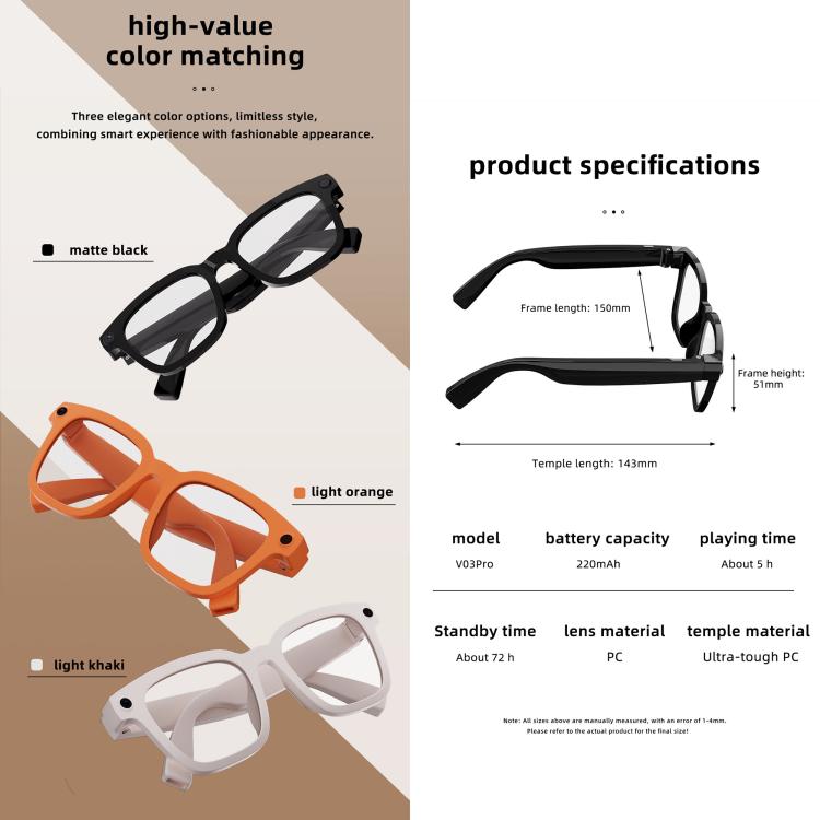 V03 Pro Smart AI Glasses with 8MP HD Camera, Video Recording WiFi Transmission, Al Smart Voice Assistant, Anti Blue Light Lens, Sunglasses