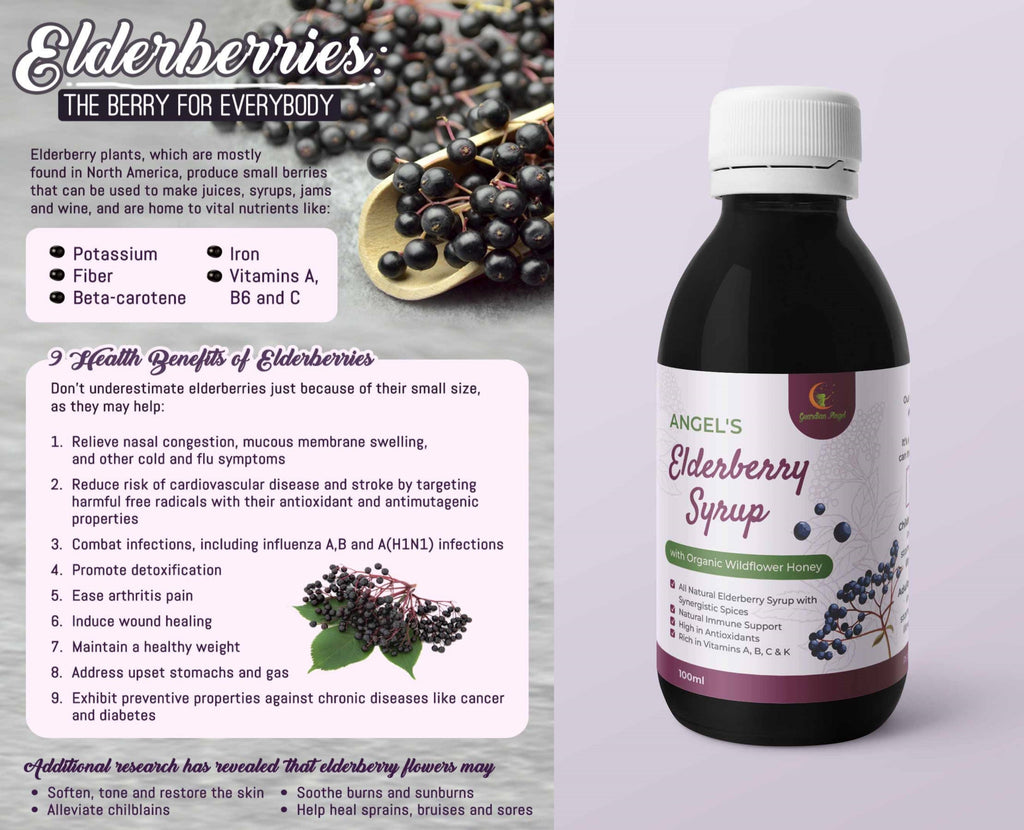 Angel's Elderberry Syrup with Organic Ingredients - Honey or Molasses(Vegan)