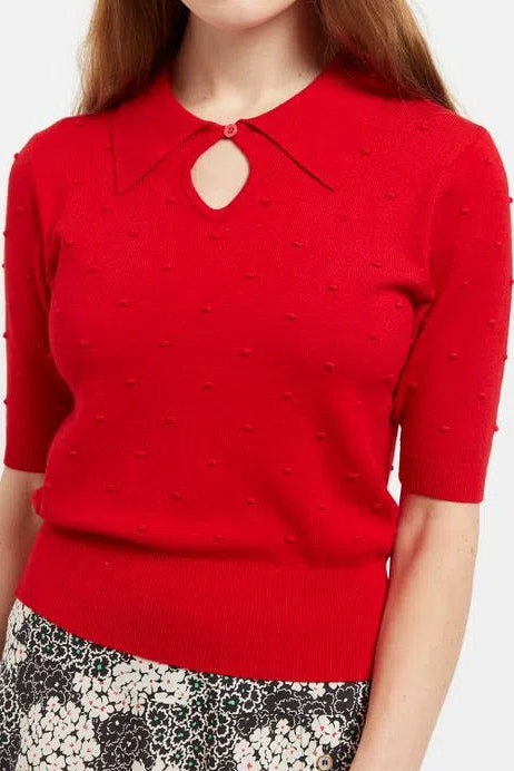 Louche Josephina Raindrops Textured Short Sleeve Collared Sweater Red