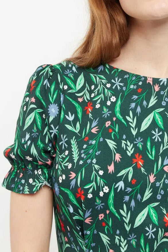 Louche Flo Folk Floral Print Puff Sleeve Midi Dress