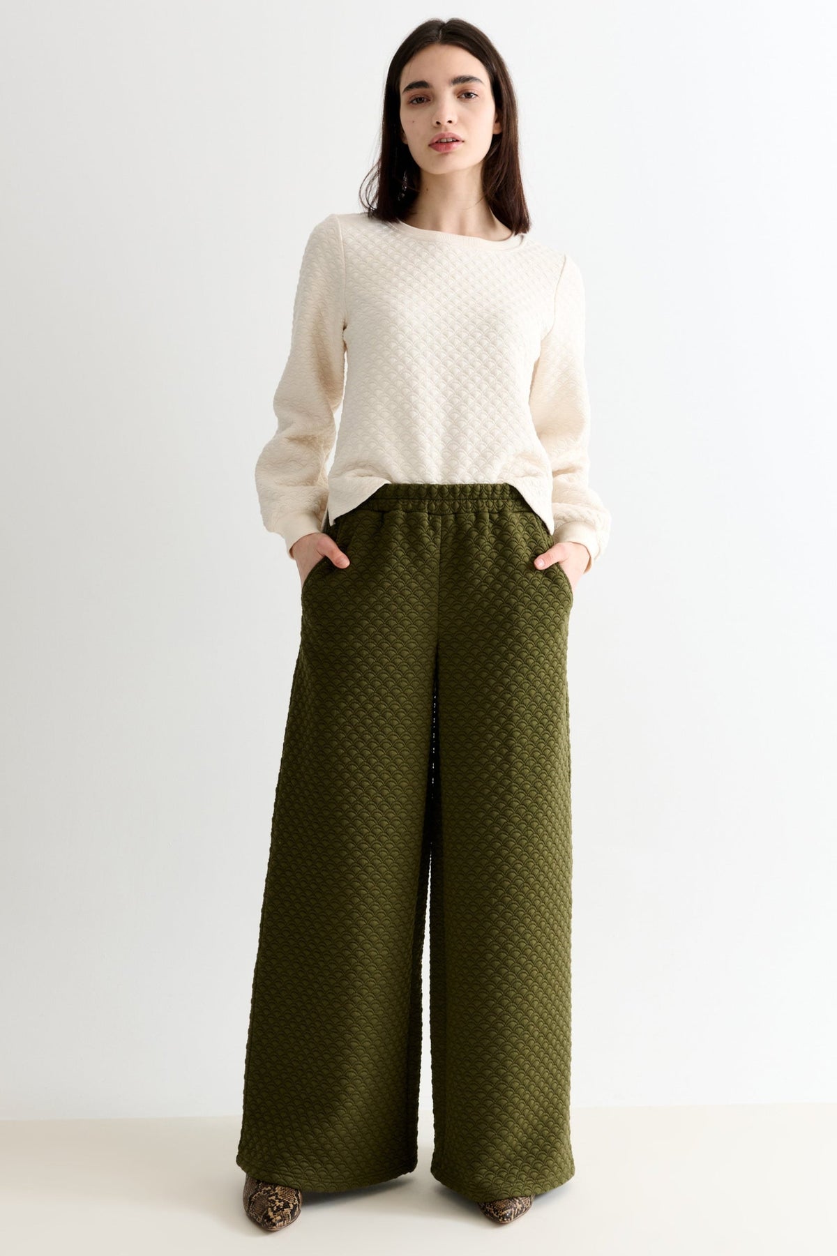 Flory Scallop Quilt Wide Leg Trouser - Moss Green