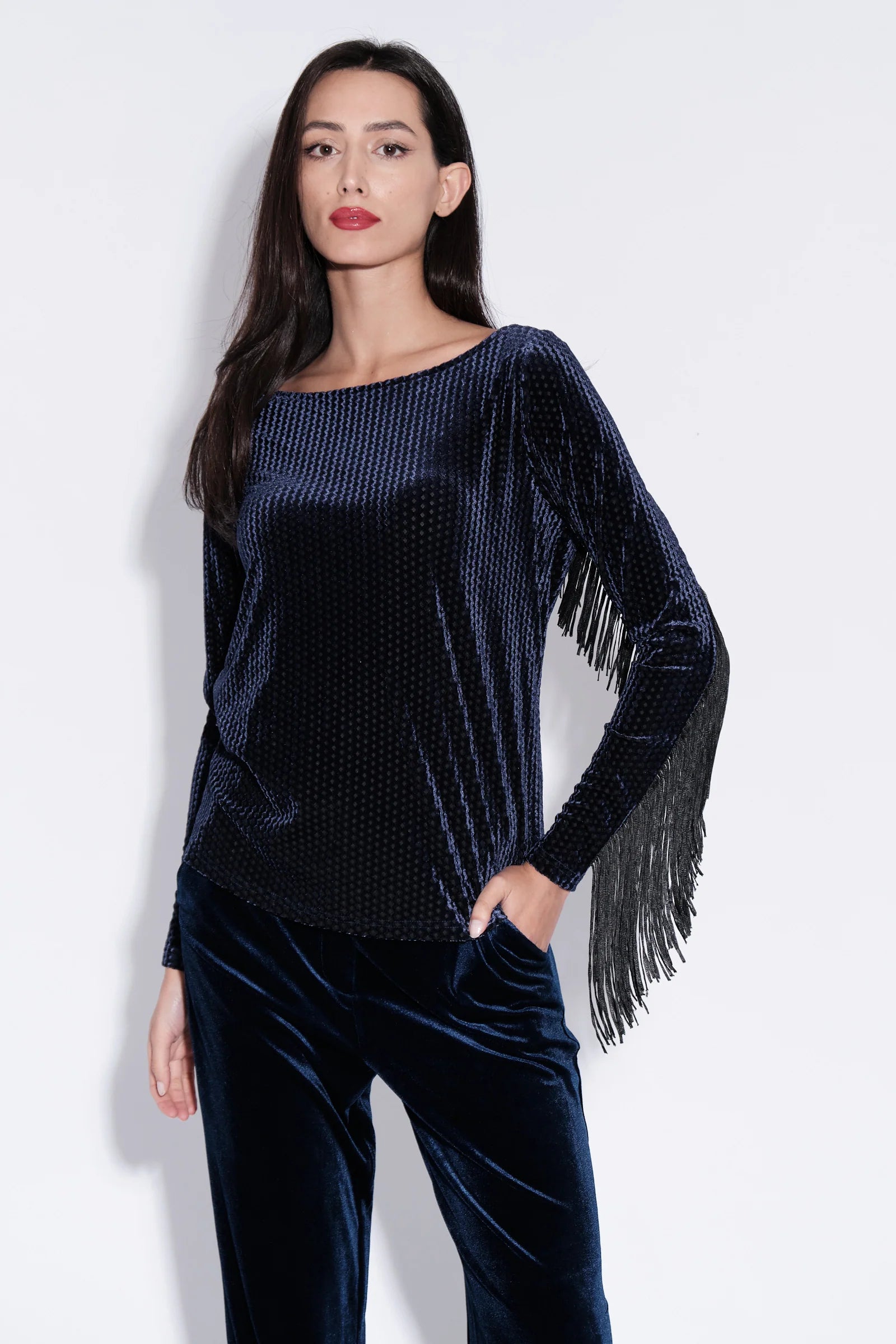 Fred Fringe Velvet Tunic in Navy