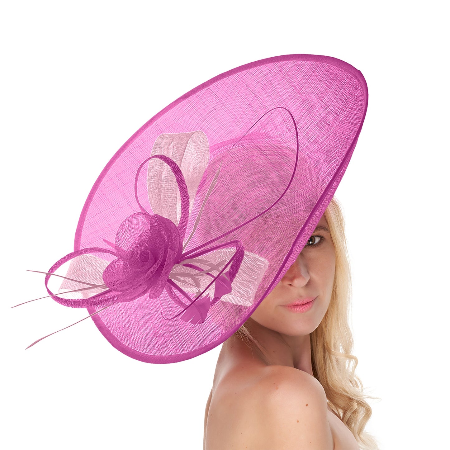 Fuchsia Hot Pink Blush Mix 41cm Large SInamay Hatinator Disc Saucer Brim Hat Fascinator on Headband