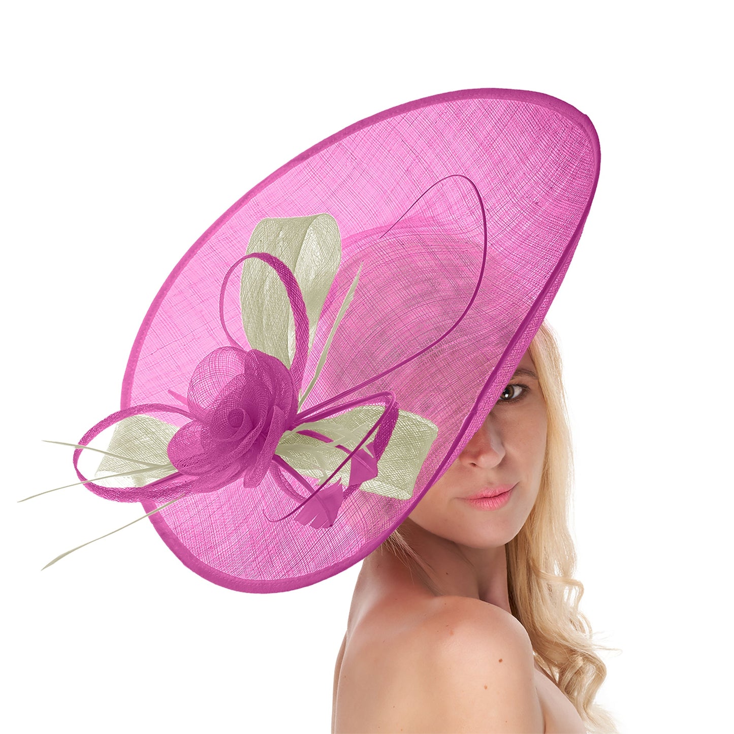 Fuchsia Hot Pink Cream Mix 41cm Large SInamay Hatinator Disc Saucer Brim Hat Fascinator on Headband