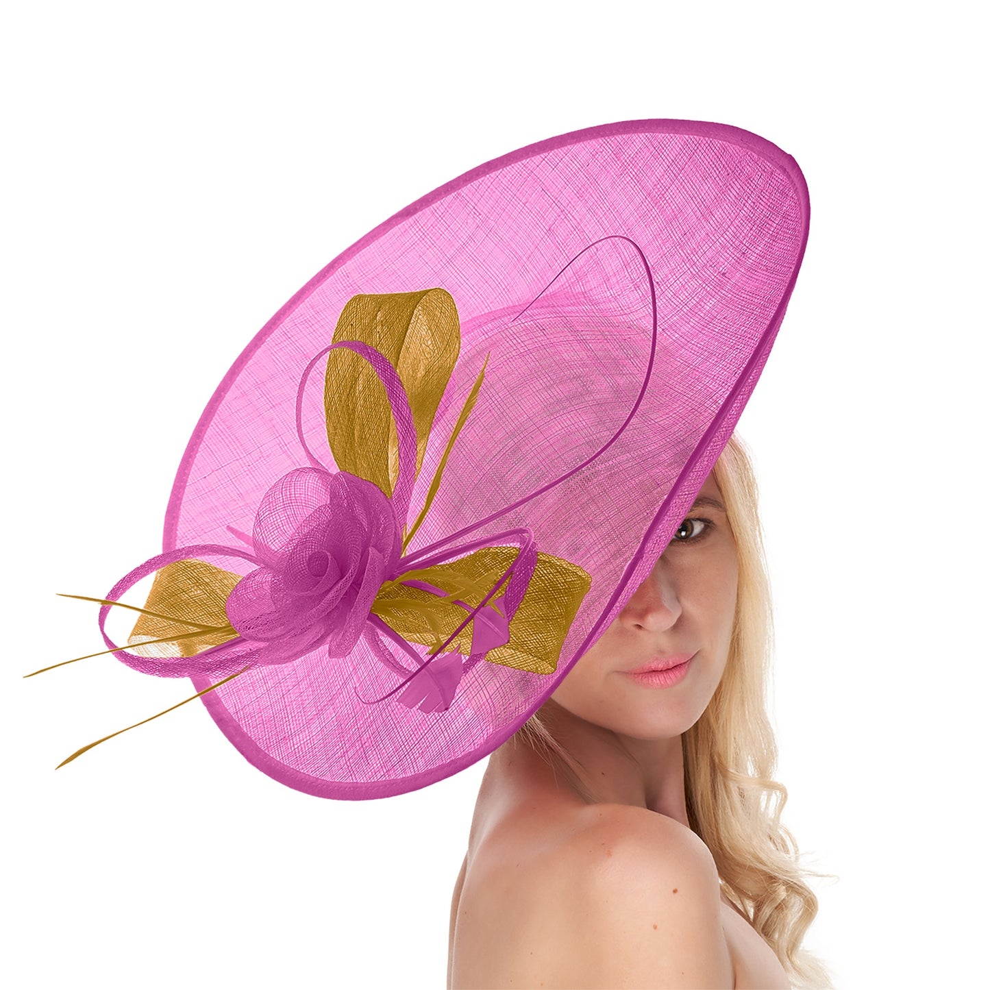 Fuchsia Hot Pink Mustard Mix 41cm Large SInamay Hatinator Disc Saucer Brim Hat Fascinator on Headband