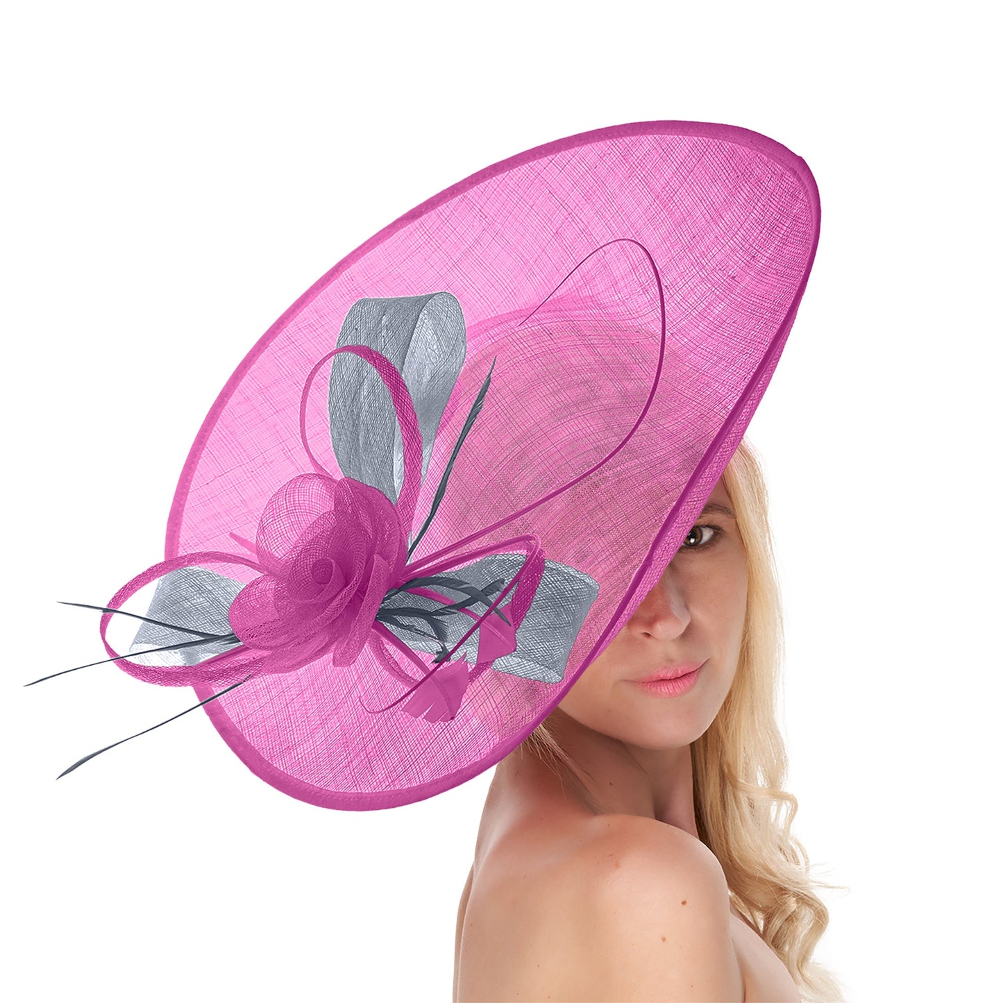 Fuchsia Hot Pink Silver Mix 41cm Large SInamay Hatinator Disc Saucer Brim Hat Fascinator on Headband