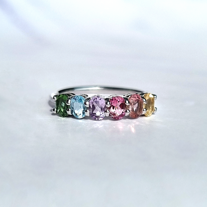 Rainbow Multicoloured Gemstone Half Eternity Ring in Sterling Silver