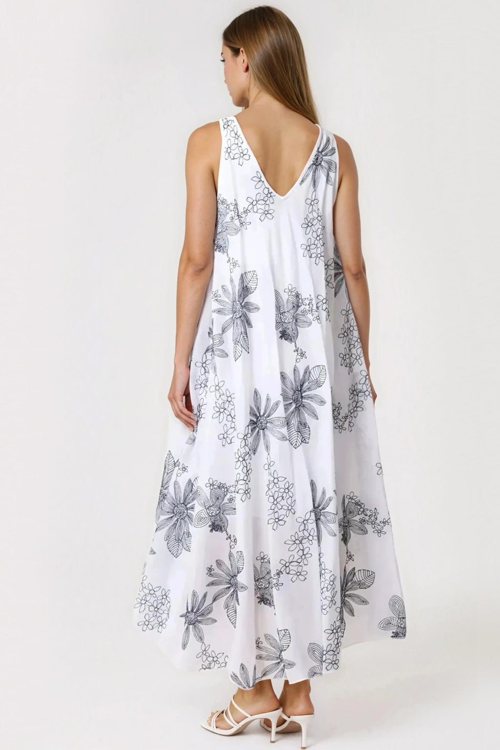White and Navy Floral Embroidered Cotton Maxi Dress