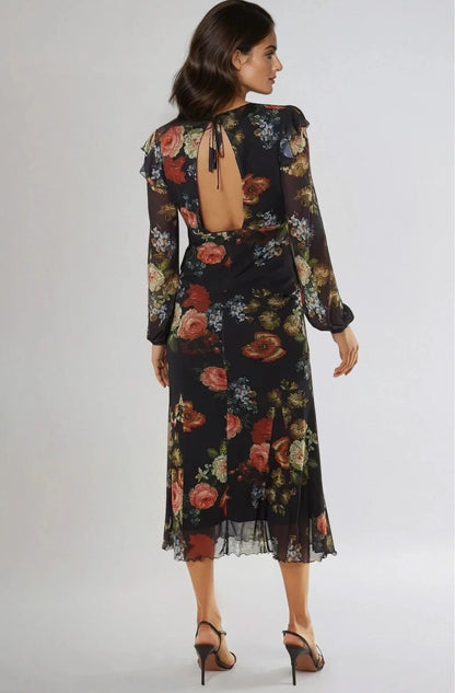 Black Floral V Neckline Midi Dress
