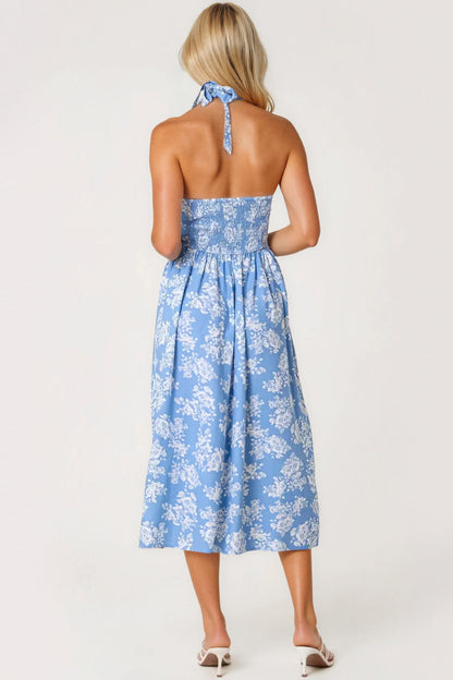 Blue Floral Halterneck Midi Dress