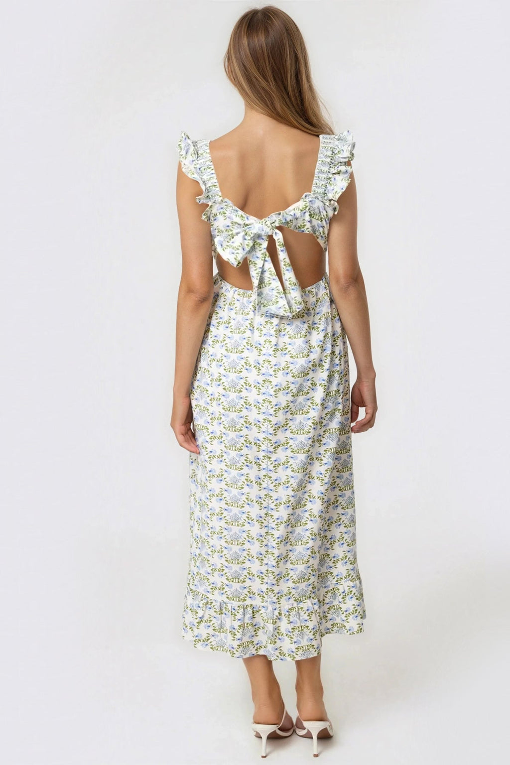 Blue Floral Open Tie Back Midi Dress