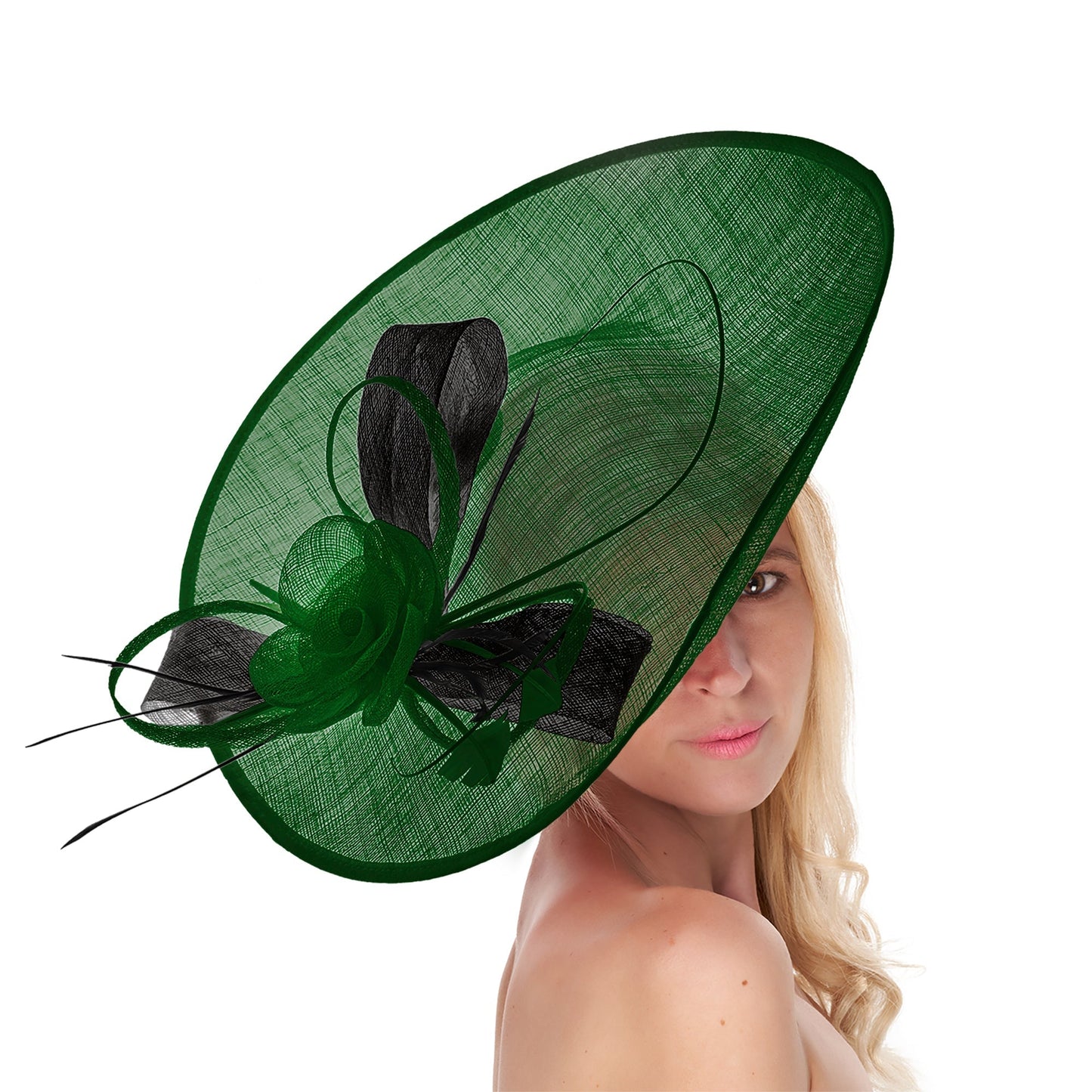 Emerald Green Black Mix 41cm Large SInamay Hatinator Disc Saucer Brim Hat Fascinator on Headband