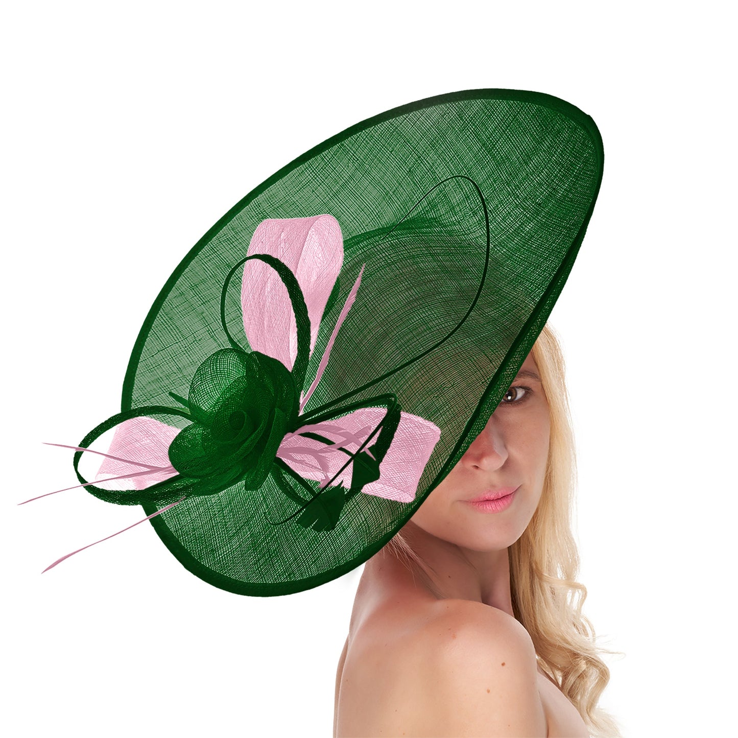 Emerald Green Blush Mix 41cm Large SInamay Hatinator Disc Saucer Brim Hat Fascinator on Headband